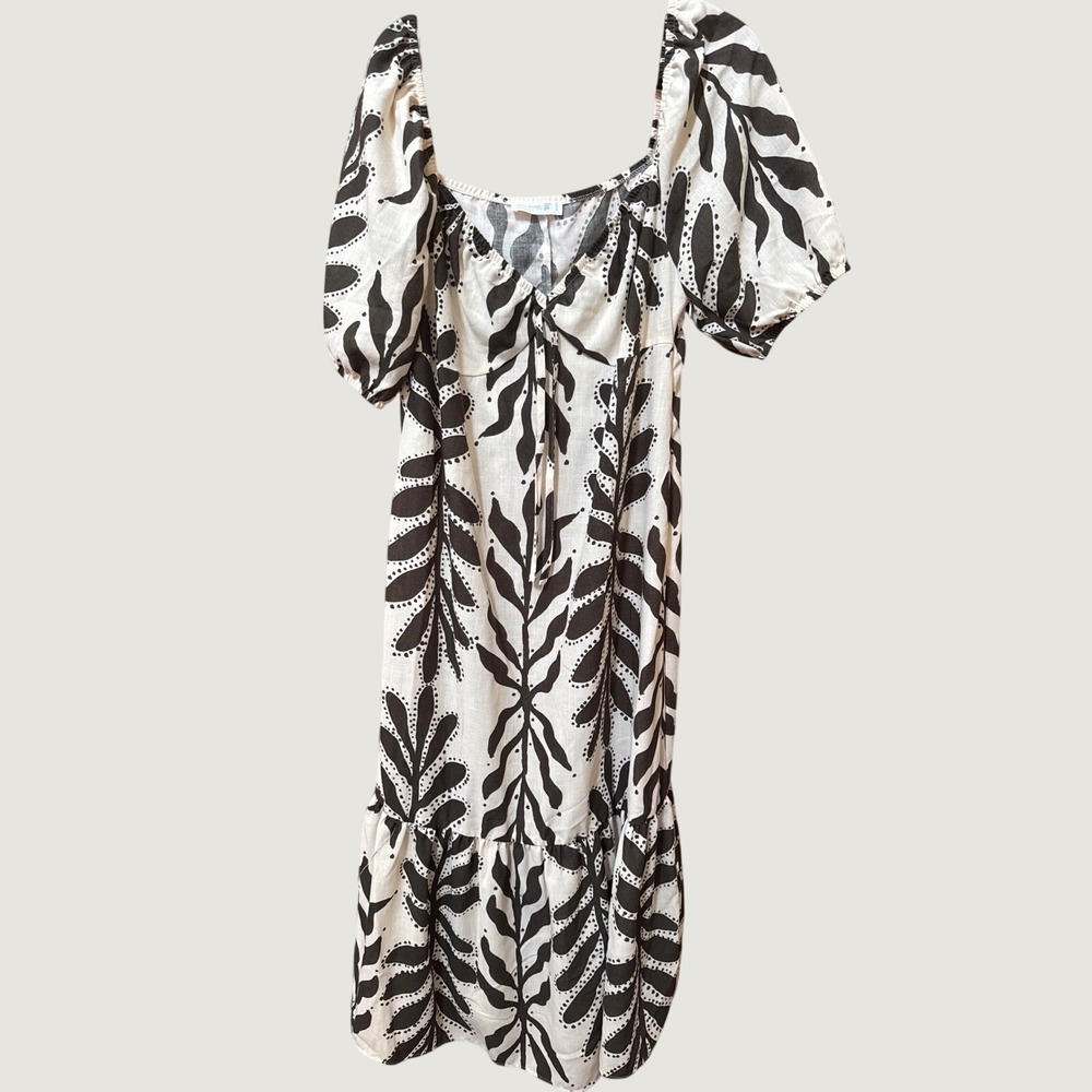 Current Air White Black Botanical Leaf Print Linen Midi Dress Puff Sleeve Tiered